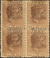 DEPENDENCIAS POSTALES ESPAÑOLAS. Cuba. * MH 82(3), 79 20 Cts Sobre 20 Cts Castaño, Bloque De Cuatro (tres - Kuba (1874-1898)