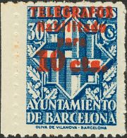 AYUNTAMIENTO DE BARCELONA. Telégrafos. * MH 18hcc 10 Cts Sobre 30 Cts Azul. CAMBIO DE COLOR EN LA SOBRECARGA, En - Altri & Non Classificati