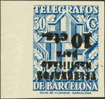 AYUNTAMIENTO DE BARCELONA. Telégrafos. (*) 18his 10 Cts Sobre 30 Cts Azul. SIN DENTAR Y SOBRECARGA INVERTIDA. MAG - Barcellona