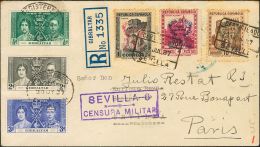 EMISIONES LOCALES PATRIOTICAS. Sevilla. SOBRE 49/51 1937. 1 Pts Pizarra, 4 Pts Carmín Lila, 10 Pts Castaño - Emissions Nationalistes