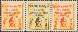 EMISIONES LOCALES PATRIOTICAS. Málaga. * MH 46T 60 Cts Amarillo, Tira De Tres. Sobrecarga Roja-negra-roja. MAGNIF - Emisiones Nacionalistas