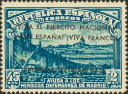 EMISIONES LOCALES PATRIOTICAS. Barcelona. ** MNH 23 45 Cts + 2 Pts Azul. MAGNIFICO Y MUY RARO. - Emissioni Nazionaliste