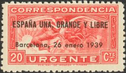 EMISIONES LOCALES PATRIOTICAS. Barcelona. ** MNH 20 20 Cts Carmín. MAGNIFICO Y MUY RARO. - Emissioni Nazionaliste