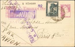 ENTEROS POSTALES. SOBRE EP75 1937. 15 Cts Lila Sobre Tarjeta Entero Postal Correo Aéreo De BARCELONA A PARIS (FRA - Other & Unclassified
