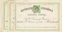 ENTEROS POSTALES. SOBRE EP6v(4) 1873. Conjunto De Cuatro Tarjetas Entero Postales (de Vuelta) De 5 Cts Verde, Dirigidas - Other & Unclassified