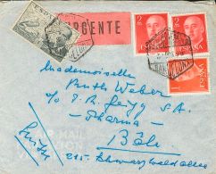 2º CENTENARIO. SOBRE 1157, 946, 1153 1955. 2 Pts Rojo, Dos Sellos, 4 Pts Azul Y 1 Pts Rojo. Correo Urgente De BARCE - Autres & Non Classés