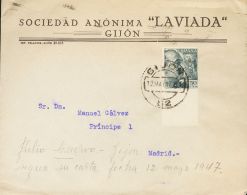 ESTADO ESPAÑOL. General Franco. Dentado Grueso. SOBRE 927s 1947. 50 Cts Gris SIN DENTAR, Borde De Hoja. GIJON A M - Autres & Non Classés