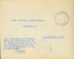 ESTADO ESPAÑOL. Junta De Defensa. SOBRE 1937. PENAGUILA A BARCELONA. Marca De Franquicia SECRETARIA DEL CONSEJO M - Autres & Non Classés