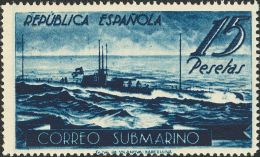 II REPUBLICA. Submarino. * MH 780ccb 15 Pts Azul índigo. CAMBIO DE COLOR. MAGNIFICO Y RARO. (Edifil 2015: 143&eur - Autres & Non Classés