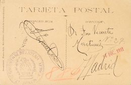 SIGLO XX. Alfonso XIII. Medallón. SOBRE 1911. Tarjeta Postal De MELILLA A MADRID. Marca De Franquicia REGIMIENTO - Andere & Zonder Classificatie