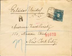 SIGLO XX. Alfonso XIII. Cadete. SOBRE 252 1907. 50 Cts Azul Verde. Certificado De MADRID A NUEVA YORK (U.S.A.). Al Dorso - Autres & Non Classés