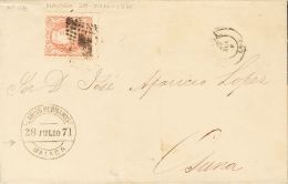 GOBIERNO PROVISIONAL. SOBRE 108F 1871. 100 Mils Castaño Rojo FALSO POSTAL TIPO II. MALAGA A OSUNA (Dirigida A Jos - Otros & Sin Clasificación