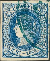 ISABEL II. Isabel II. 1 De Enero De 1864. º 68 2 Reales Azul. Matasello Del Juzgado De ... MAGNIFICO. (Edifil 2017: - Otros & Sin Clasificación