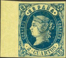 ISABEL II. Isabel II. 16 De Julio De 1862. ** MNH 57 2 Cuartos Azul, Borde De Hoja. Color Intenso Y Grandes Márge - Other & Unclassified