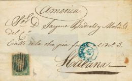 ISABEL II. Isabel II. 11 De Abril De 1856. Papel Blanco. SOBRE 49 1857. 1 Real Azul. BARCELONA A LA HABANA (CUBA). MAGNI - Otros & Sin Clasificación