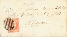 ISABEL II. Isabel II. 11 De Abril De 1856. Papel Blanco. SOBRE 48 1858. 4 Cuartos Rojo. Dirigida A BARCELONA. En El Fren - Sonstige & Ohne Zuordnung