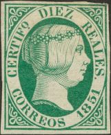 ISABEL II. Isabel II. 1 De Enero De 1851. * MH 11 10 Reales Verde. MAGNIFICO. Cert. CEM. (Edifil 2017: 4025€) - Altri & Non Classificati
