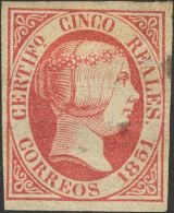 ISABEL II. Isabel II. 1 De Enero De 1851. * MH 9 5 Reales Rosa (pequeños Puntitos Claros). A EXAMINAR. Cert. GRAU - Autres & Non Classés