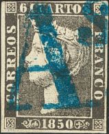 ISABEL II. Isabel II. 1 De Enero De 1850. º 1A 6 Cuartos Negro. Matasello Prefilatélico "AS", En Azul De Bar - Other & Unclassified