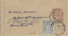 1905 - BANDE ENTIER POSTAL TYPE BLANC Avec COMPLEMENT SAGE 3c De PARIS => NEW YORK (USA) - Wikkels Voor Tijdschriften