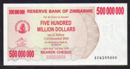 530-Zimbabwe Billet De 500m De Dollars 2008 AC628 Neuf - Zimbabwe