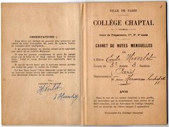 VP10.186 - 1927 - 1929 - Ville De PARIS - Collège Chaptel - Livret & Carnet De Notes Mensuelles - Diplômes & Bulletins Scolaires