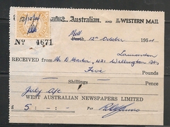 AUSTRALIA - 1954 NEWSPAPER RECEIPT With STAMP DUTY - Fiscales