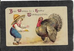 Thanksgiving,Cute Young Boy In Blue Pants"Best Wishes" - Ellen Clapsaddle Antique Postcard - Clapsaddle