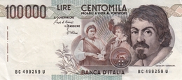 Banconota Rep.Italiana.da 100.000 Lire_1°Tipo Decreto Min.1 Sett.1983_Caravaggio_Serie BC 499259 U -" 2 SCANSIONI- - Other & Unclassified