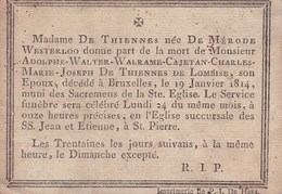 WESTERLO LOMBISE Adolphe De THIENNES De LOMBISE 1814 époux De MERODE-WESTERLOO Carton Mortuaire Format Carte-postale - Todesanzeige