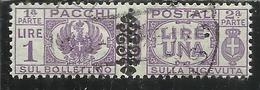 ITALY KINGDOM ITALIA REGNO 1945 LUOGOTENENZA PACCHI PARCEL POST POSTALI FREGIO LIRE 1 USATO USED OBLITERE' - Pacchi Postali