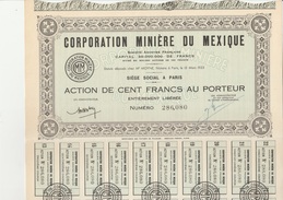 CORPORATION MINIERE DU MEXIQUE - ACTION DE 100 FRANCS -ANNEE 1923 - Miniere