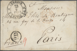 Lübeck - Stempel: "LUEBECK F.TH.u.TAX.P.A. 28/6 1855" K2 Auf Couvert Mit K1 "P.D." Und Roter Hds. Taxe "9" Nach Par - Luebeck