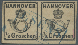 Hannover - Marken Und Briefe: 1860, 1/2 Gr. Schwarz Als Gestempeltes, Waagerechtes Paar Mit Blauem Ra 2. Rs. Rosa Signum - Hanovre