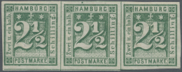 Hamburg - Marken Und Briefe: 1864, 2 1/2 S. Dunkelgrün, Ungebrauchter Waagerechter Dreierstreifen, Kleine Anhaftung - Hamburg