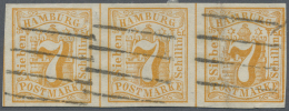 Hamburg - Marken Und Briefe: 1859, Waagrechter Dreierstreifen 7 S Orange Je Mit 4-Strich Stempel Entwertet, Farbfrisch U - Hamburg (Amburgo)