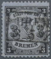 Bremen - Marken Und Briefe: 1867, 3 Grote Schwarz Auf Blaugrau, Type I, Gestempelt, FB Heitmann BPP (2016): "Fehlzahn Li - Bremen