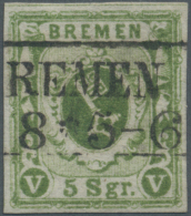 Bremen - Marken Und Briefe: 1859, 5 Silbergroschen Schwarzgelbgrün (moosgrün) Gestempelt Mit Schwarzem Rahmens - Brême