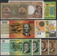 Australia / Australien: Small Lot With 10 Banknotes And Advertising Notes From Australia Including 2 X 1, 2 X 2 And 20 D - Sonstige & Ohne Zuordnung