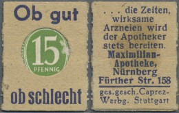 Deutschland - Briefmarkennotgeld: Nürnberg, Maximilian-Apotheke, 15 Pf. Ziffer Grün Kontrollrat (ca. 1947), Ei - Lokale Ausgaben