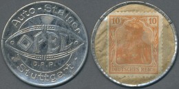 Deutschland - Briefmarkennotgeld: Stuttgart, Auto-Staiger / OPEL / Stuttgart, 10 Pf. Germania, Zink, MUG Sämisch, R - Cars