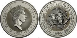 Australien: 10 Dollars 1994, KOOKABURRA, 10 OZ 999 Silver, In Original Plexikapsel, BU. - Autres & Non Classés