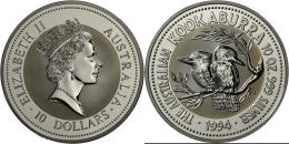 Australien: 10 Dollars 1994, KOOKABURRA, 10 OZ 999 Silver, In Original Plexikapsel, BU. - Other & Unclassified