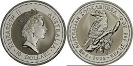 Australien: 10 Dollars 1995, KOOKABURRA, 10 OZ 999 Silver, In Original Plexikapsel, BU. - Autres & Non Classés