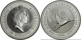 Australien: 10 Dollars 1996, KOOKABURRA, 10 OZ 999 Silver, In Original Plexikapsel, BU. - Other & Unclassified