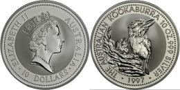 Australien: 10 Dollars 1997, KOOKABURRA, 10 OZ 999 Silver, In Original Plexikapsel, BU. - Sonstige & Ohne Zuordnung