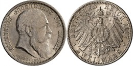 Baden: Friedrich I. 1852-1907: 2 Mark 1907 G, Auf Seinen Tod, Jaeger 36, Matt, Fast Stempelglanz - Taler & Doppeltaler