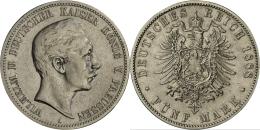 Preußen: Wilhelm II. 1888-1918: 5 Mark 1888 A, Jaeger 101, Auflage 56 Tsd., Gereinigt, Sehr Schön+. - Taler Et Doppeltaler