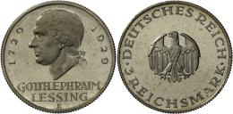 Weimarer Republik: 3 Reichsmark 1929 E, Lessing, Jaeger 335, Zaponiert/berieben, Polierte Platte. - Autres & Non Classés