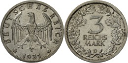 Weimarer Republik: 3 Reichsmark 1931 D, Jaeger 349, Echtheitsmerkmal Stempelriß, Fast Vorzüglich. - Autres & Non Classés